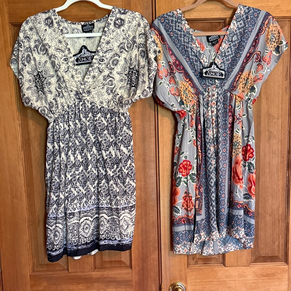 Angie Floral Boho Mini Dresses - Navy & Gray with Coral Accents